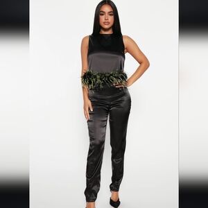 NWT Fashion Nova Black Satin Tank Feathery Top+Matching Pants